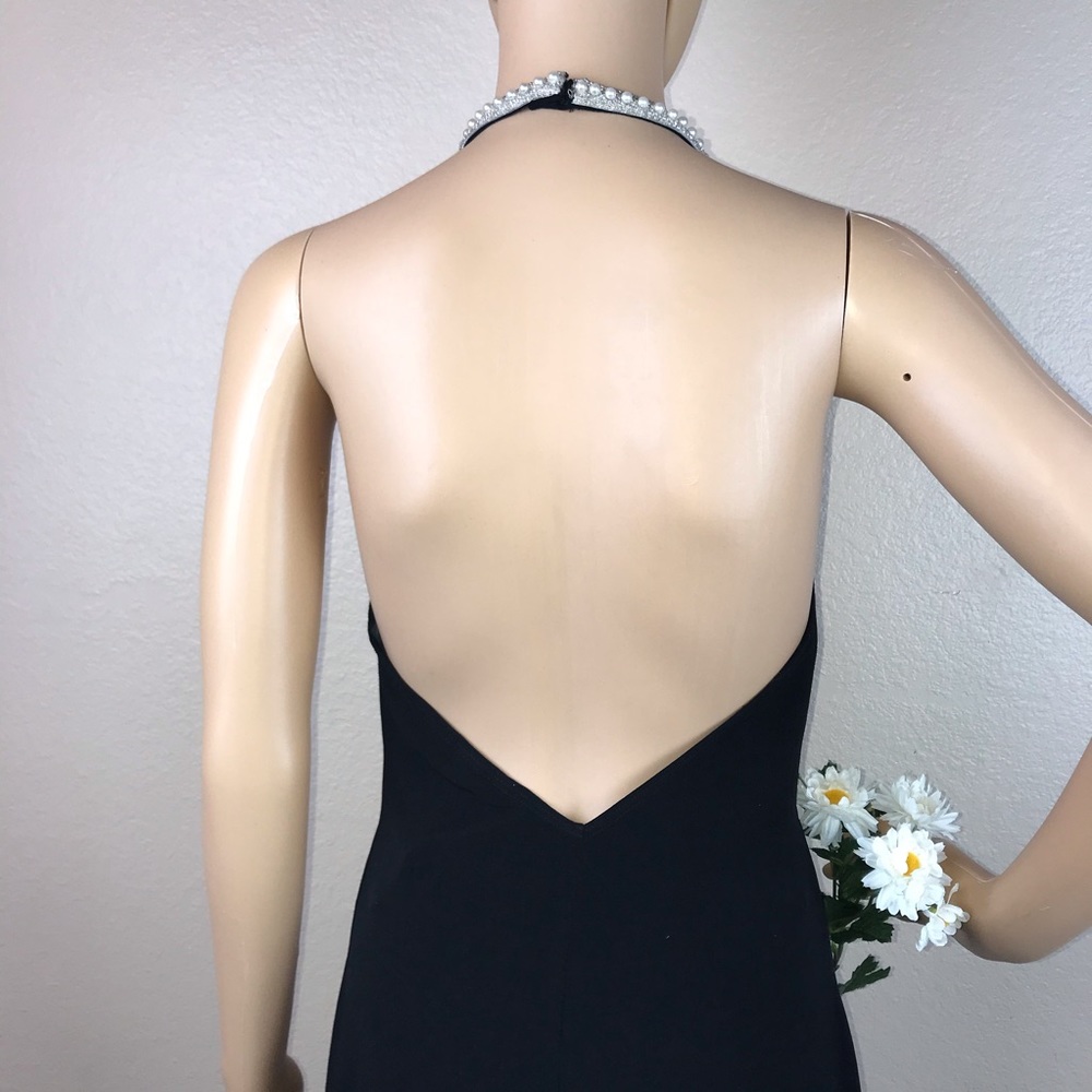 VS Moda International Diamond Pearl Cocktail Plunge Halter Dress - Picture 4 of 6